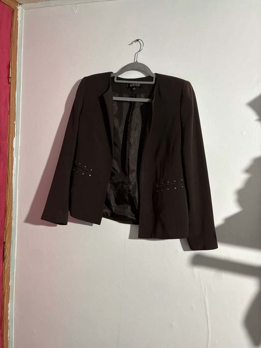 Kasper Petite Dark Espresso Brown Jewel Neck Open Front Studded Blazer